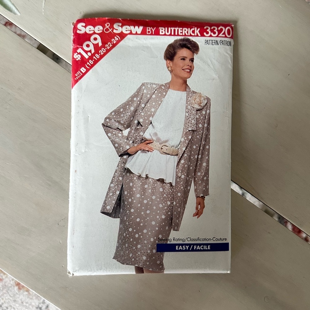 Butterick See & Sew 3320 Jacket, Blouson Top & Tapered Skirt SUIT Size B, 16-24